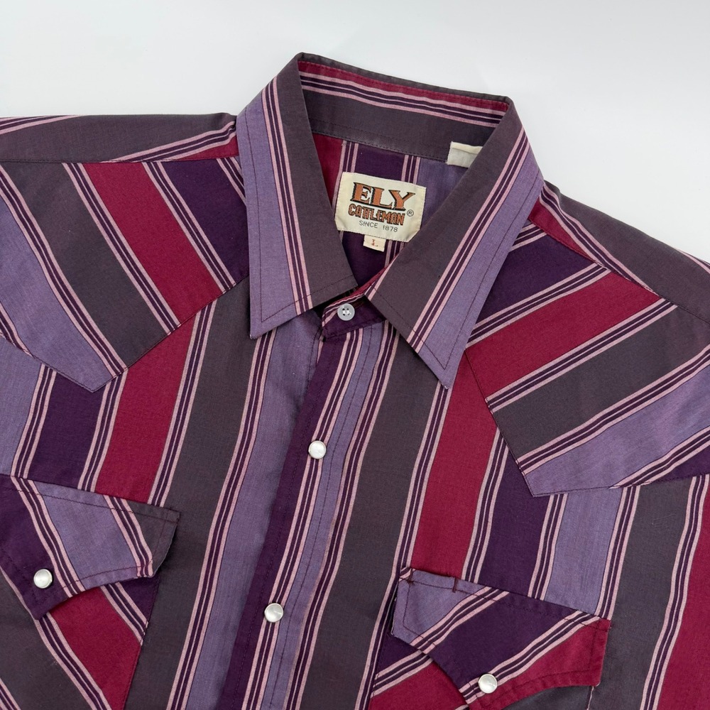 Ely Cattleman Western Shirt Mens Large Purple Striped Pearl Snap Short Sleeve